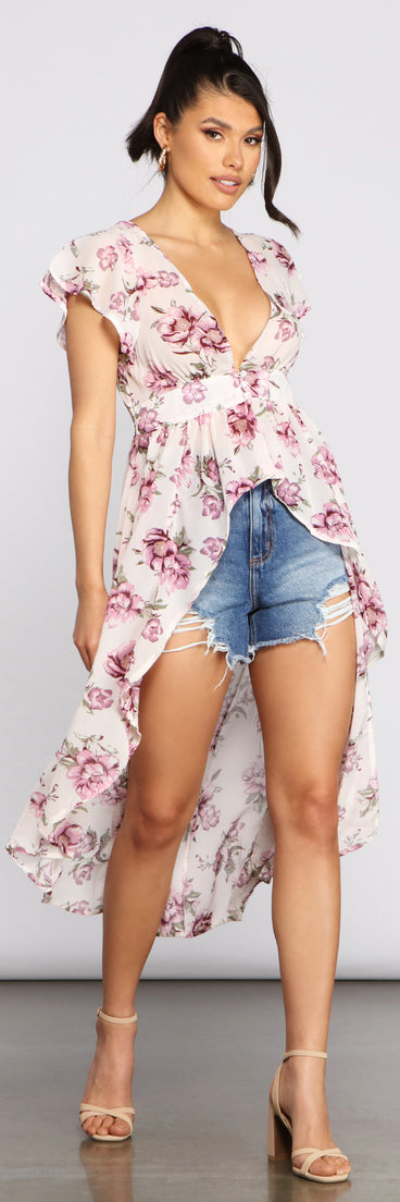 Floral Flutter Sleeve Chiffon High-Low Duster helps create the best summer outfit for a look that slays at any event or occasion!