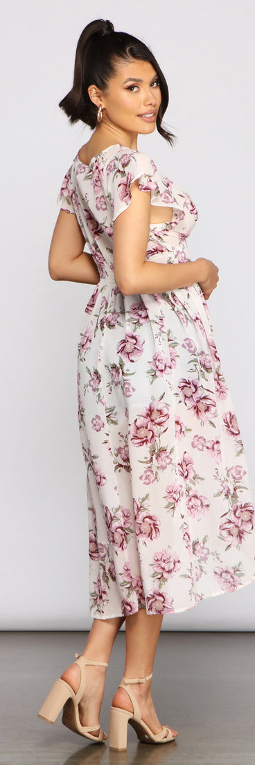 Floral Flutter Sleeve Chiffon High-Low Duster for 2023 festival outfits, festival dress, outfits for raves, concert outfits, and/or club outfits