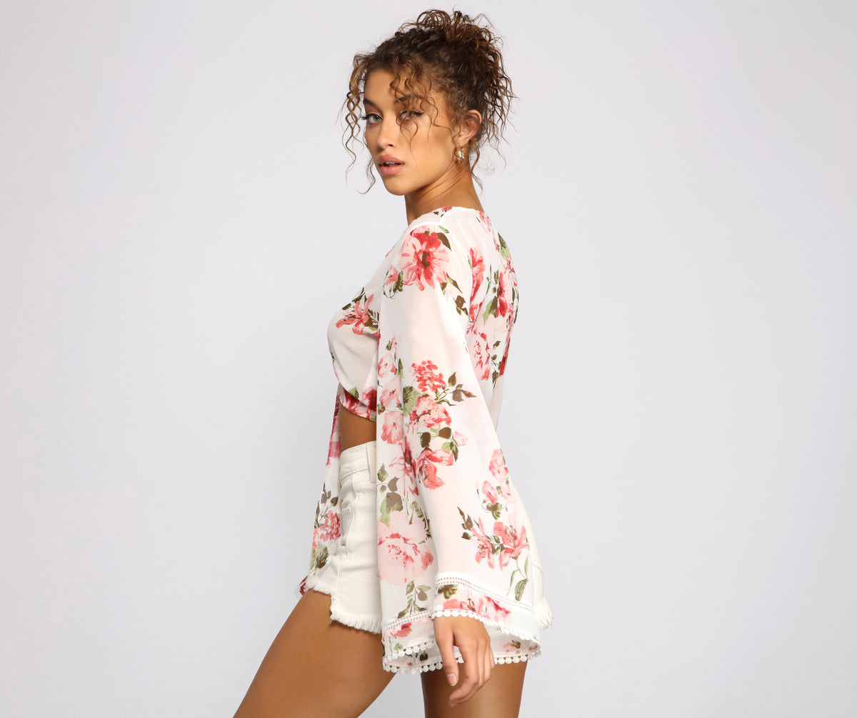 Front Tie Floral Waffle Top main image 0