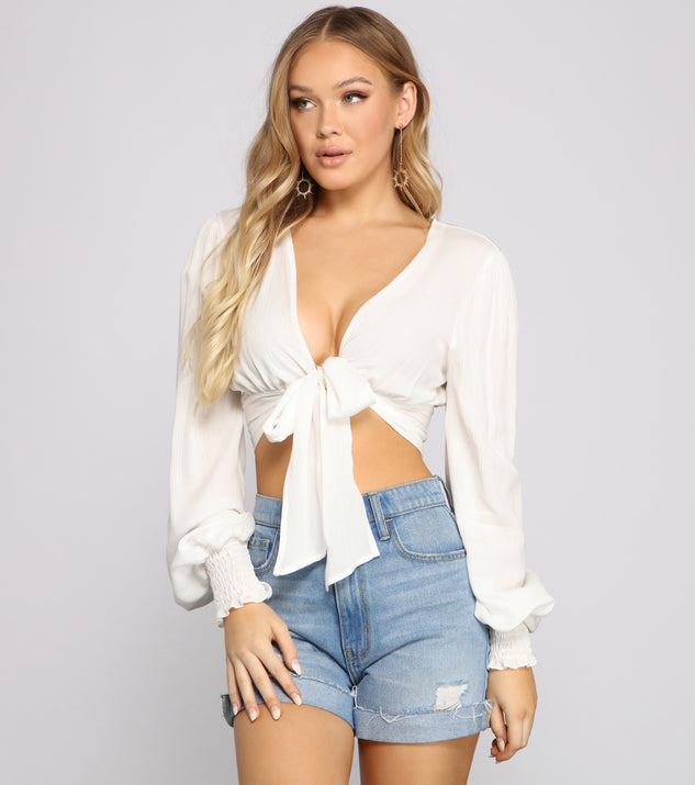 The trendy Twist Of Fab Gauze Tie Front Crop Top is the perfect pick to create a holiday outfit, new years attire, cocktail outfit, or party look for any seasonal event!