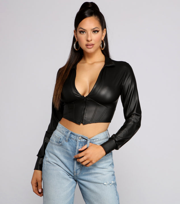 An Edgy Vibe Faux Leather Crop Top creates the perfect New Year’s Eve Outfit or new years dress with stylish details in the latest trends to ring in 2023!