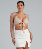 Glowing Glam Pearl Tie Front Top is a trendy pick to create 2023 festival outfits, festival dresses, outfits for concerts or raves, and complete your best party outfits!
