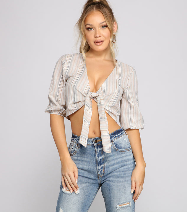 With fun and flirty details, Stand Out In Stripes Tie Front Crop Top shows off your unique style for a trendy outfit for the summer season!