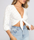 With fun and flirty details, All That Eyelet Tie Front Top shows off your unique style for a trendy outfit for the summer season!