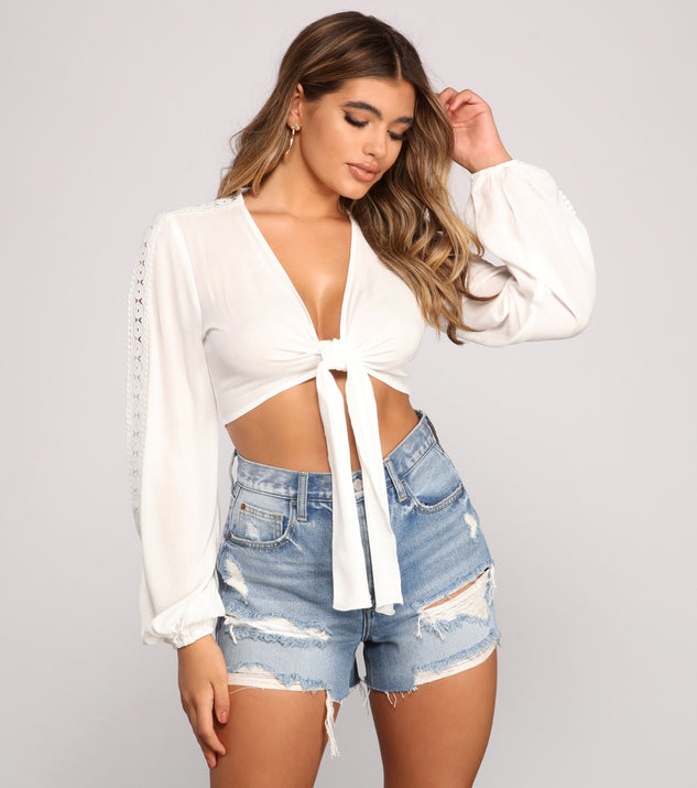 With fun and flirty details, Chic Crochet Beauty Tie Front Crop Top shows off your unique style for a trendy outfit for the summer season!