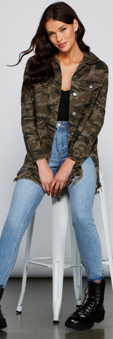 Camo Cutie Destructed Shacket helps create the best summer outfit for a look that slays at any event or occasion!