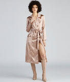 Sleek Sophistication Belted Satin Trench for 2023 festival outfits, festival dress, outfits for raves, concert outfits, and/or club outfits