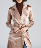 Sleek Sophistication Belted Satin Trench for 2023 festival outfits, festival dress, outfits for raves, concert outfits, and/or club outfits