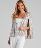 Curtain Call Sequin Knit Cape helps create the best bachelorette party outfit or the bride's sultry bachelorette dress for a look that slays!