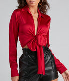 Your outfit will pop with the So Sleek Satin Tie-Front Blouse and with dazzling embellishments and elevated details this is the perfect going-out top to stand out at any event!