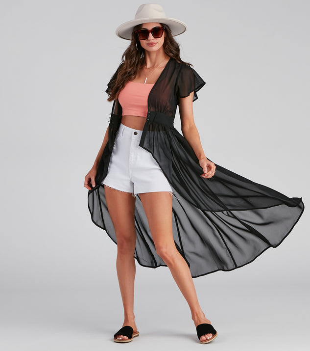 Flirty Flutter Sleeve Chiffon Duster is a trendy pick to create 2023 festival outfits, festival dresses, outfits for concerts or raves, and complete your best party outfits!