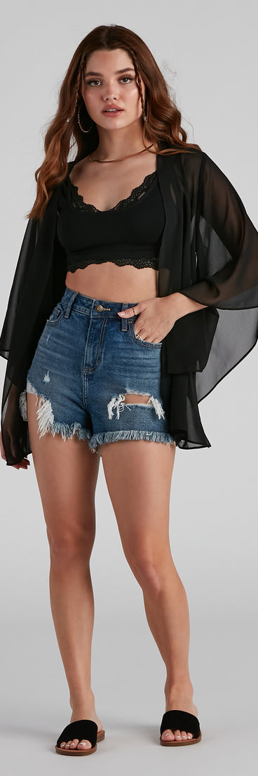 Sheer Secrets Chiffon Short Kimono is a trendy pick to create 2023 festival outfits, festival dresses, outfits for concerts or raves, and complete your best party outfits!