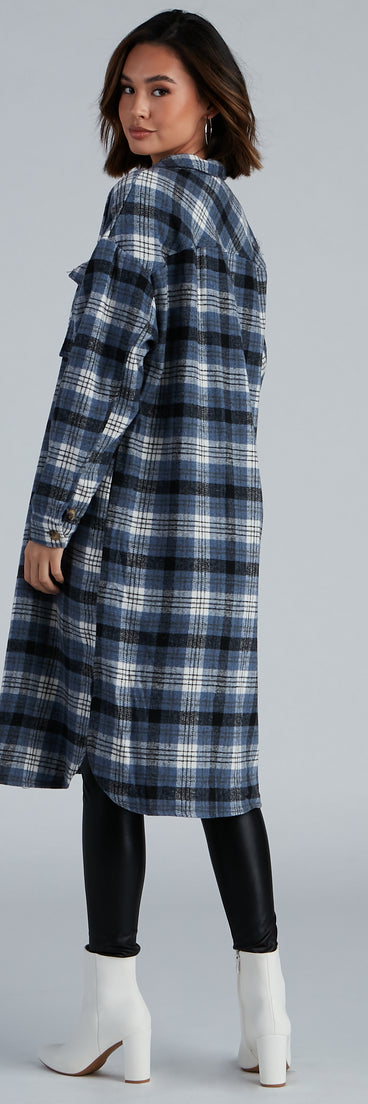Casual-Cozy Long Line Plaid Shacket for 2023 festival outfits, festival dress, outfits for raves, concert outfits, and/or club outfits
