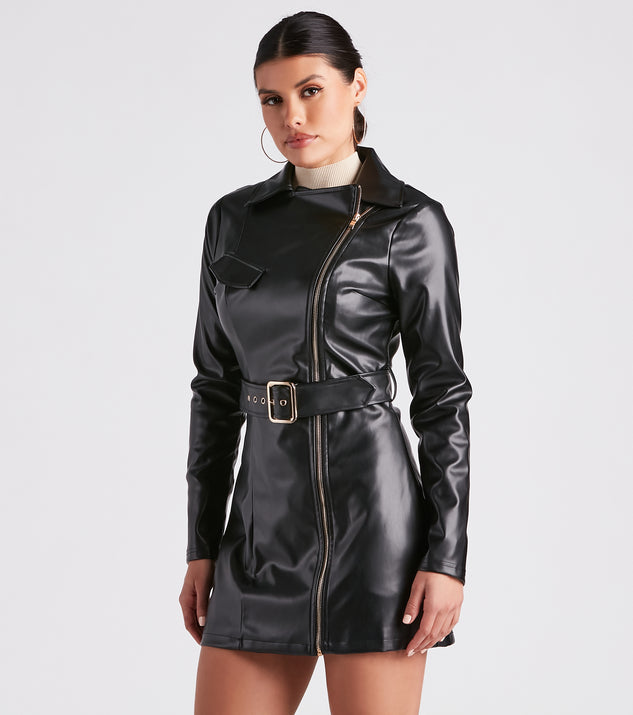 thumbnail image 2 of XUNRYAN Women's Faux Leather Long Sleeve Jacket Dress - Black XX-Large Lapel Collar Coat 2 of 10
