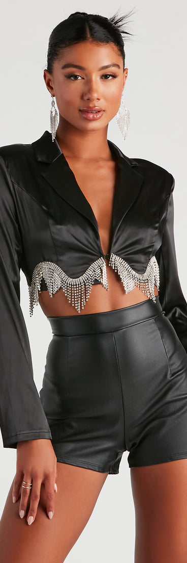 Iconic Glam Rhinestone Satin Cropped Blazer helps create the best summer outfit for a look that slays at any event or occasion!