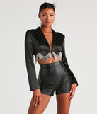 Iconic Glam Rhinestone Satin Cropped Blazer helps create the best summer outfit for a look that slays at any event or occasion!