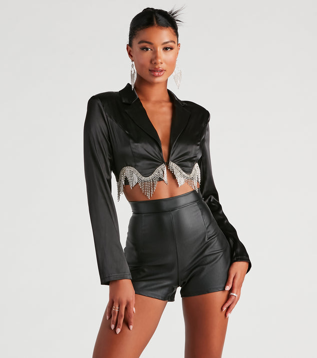 Iconic Glam Rhinestone Satin Cropped Blazer helps create the best summer outfit for a look that slays at any event or occasion!