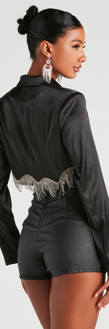 Iconic Glam Rhinestone Satin Cropped Blazer helps create the best summer outfit for a look that slays at any event or occasion!