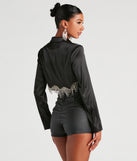 Iconic Glam Rhinestone Satin Cropped Blazer helps create the best summer outfit for a look that slays at any event or occasion!