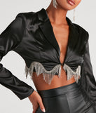 Iconic Glam Rhinestone Satin Cropped Blazer helps create the best summer outfit for a look that slays at any event or occasion!