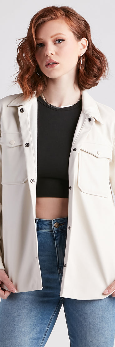 Hey Cool Girl Faux Leather Shacket is a fire pick to create 2023 festival outfits, concert dresses, outfits for raves, or to complete your best party outfits or clubwear!