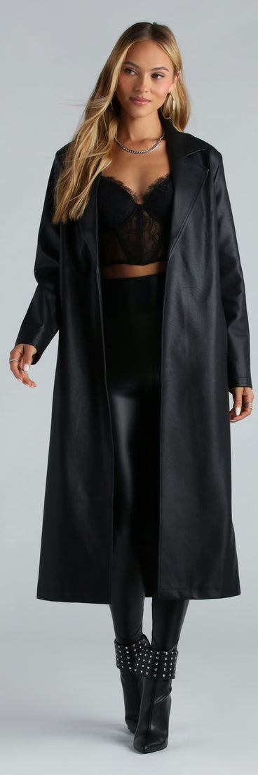City Living Faux Leather Belted Trench Coat