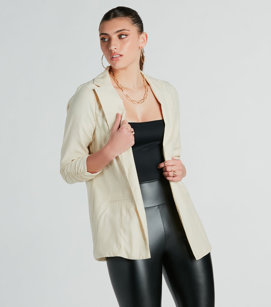 She's Chic Ruched-Sleeve Twill Blazer