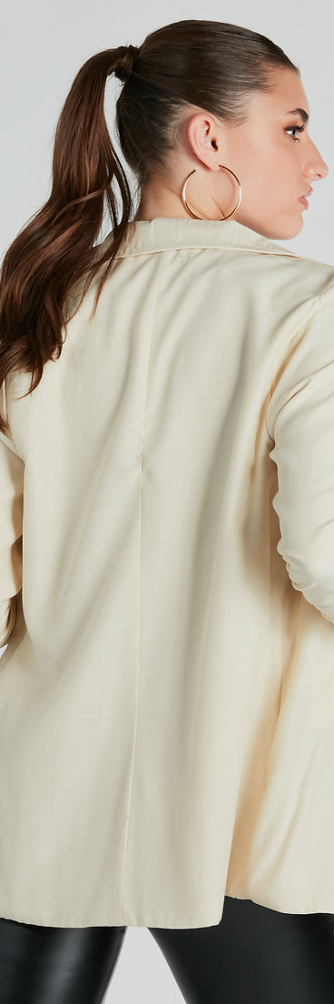 She's Chic Ruched-Sleeve Twill Blazer
