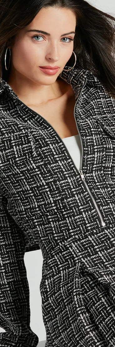 Sophisticated Posh Zip Up Tweed Plaid Shacket