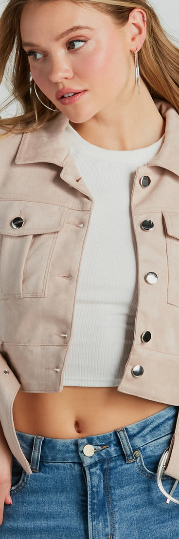 Layer On Iconic Belted Crop Faux Suede Moto Jacket