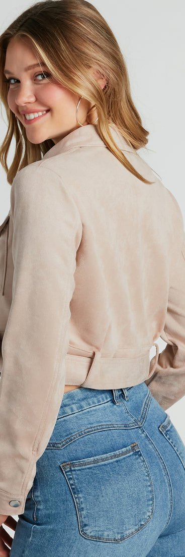 Layer On Iconic Belted Crop Faux Suede Moto Jacket