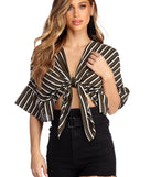 Striped And Ruffled Tie Front Top