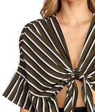 Striped And Ruffled Tie Front Top