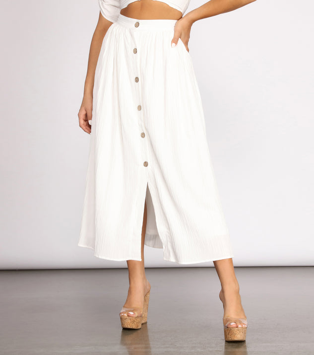 Seaside Babe Button Front Midi Skirt provides a stylish start to creating your best summer outfits of the season with on-trend details for 2023!