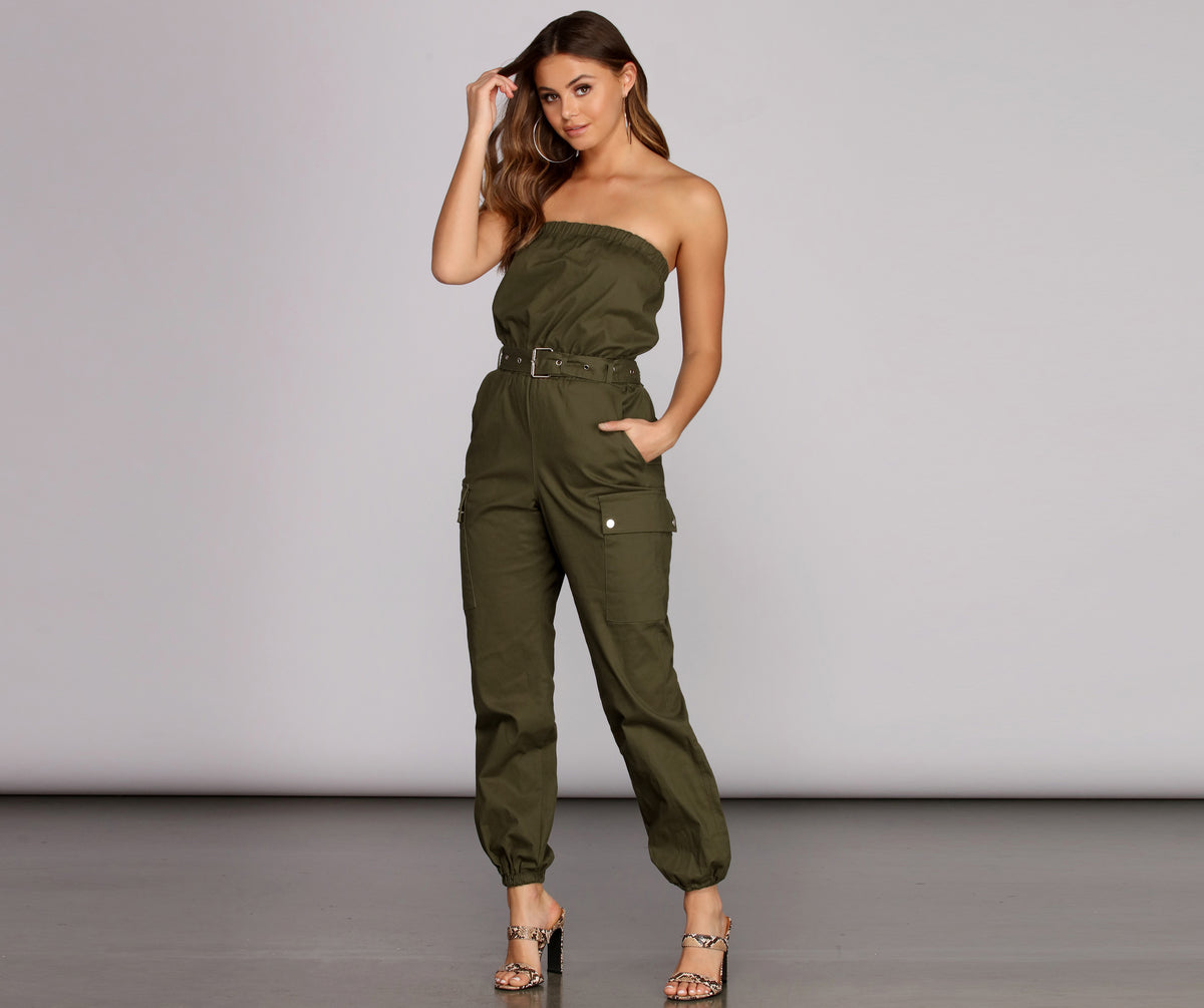 Bold And Belted Strapless Jumpsuit