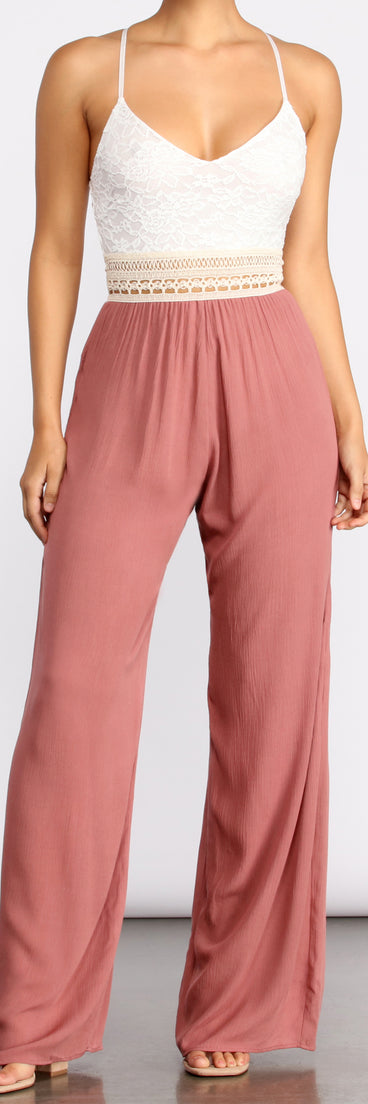 Spring Fling Lace Top Jumpsuit provides a stylish start to creating your best summer outfits of the season with on-trend details for 2023!