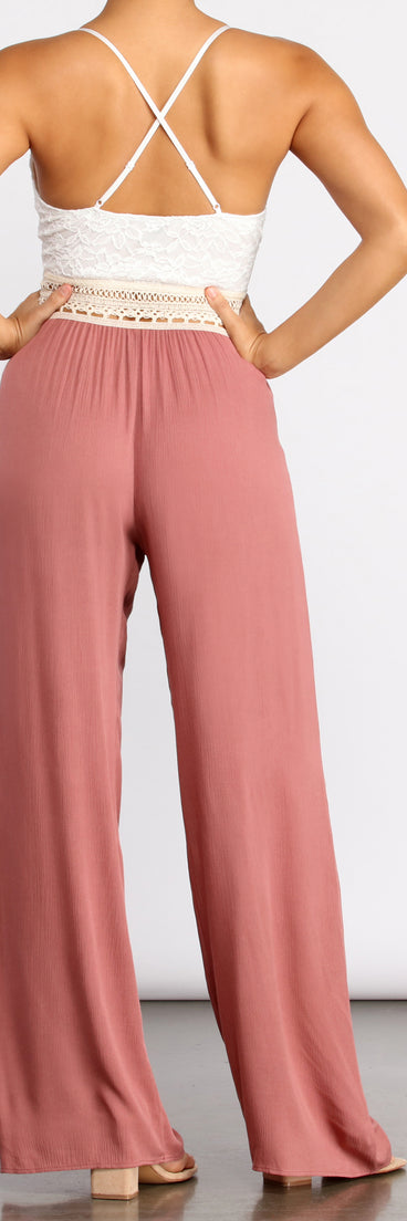 Spring Fling Lace Top Jumpsuit provides a stylish start to creating your best summer outfits of the season with on-trend details for 2023!