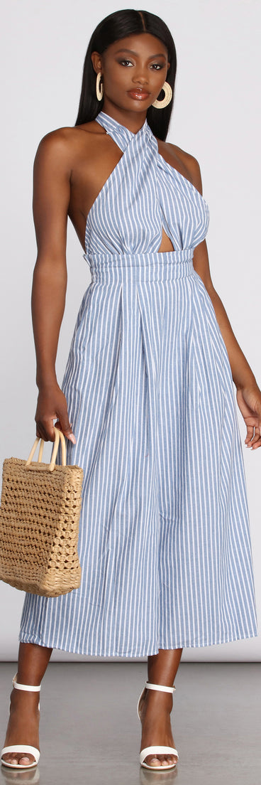 Spring Fever Stripe Halter Jumpsuit provides a stylish start to creating your best summer outfits of the season with on-trend details for 2023!