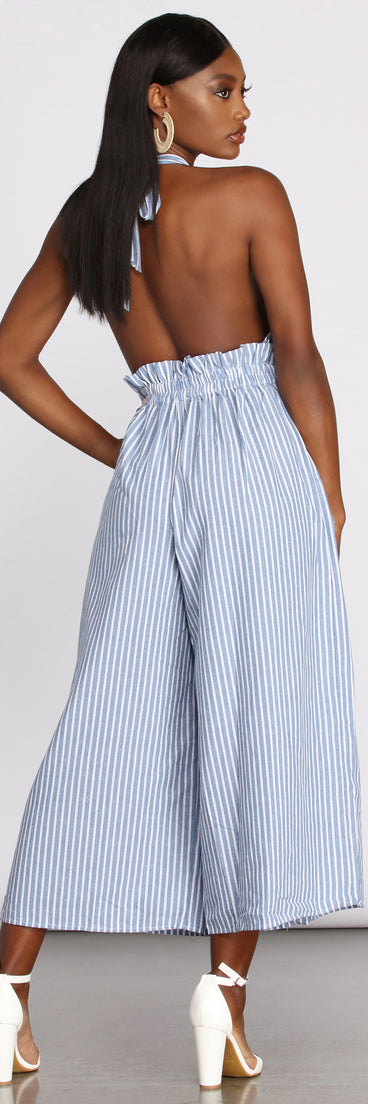 Spring Fever Stripe Halter Jumpsuit provides a stylish start to creating your best summer outfits of the season with on-trend details for 2023!