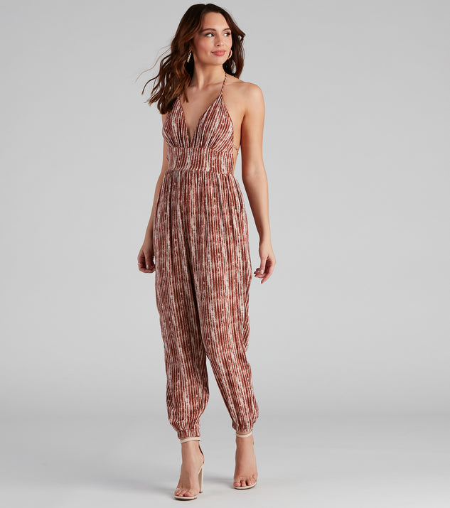 Summer Pop Tie-Dye Stripe Halter Jumpsuit is a trendy pick to create 2023 festival outfits, festival dresses, outfits for concerts or raves, and complete your best party outfits!