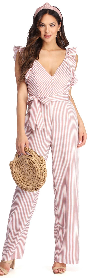 Ruffled And Striped Jumpsuit will help you dress the part in stylish holiday party attire, an outfit for a New Year’s Eve party, & dressy or cocktail attire for any event.