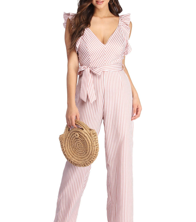 Ruffled And Striped Jumpsuit will help you dress the part in stylish holiday party attire, an outfit for a New Year’s Eve party, & dressy or cocktail attire for any event.