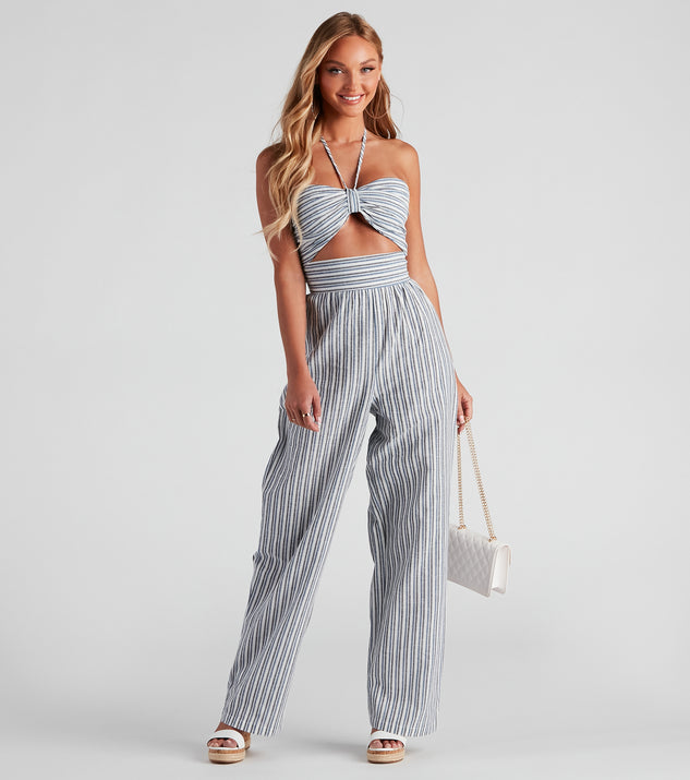 Seasonal Stripe Halter Linen Jumpsuit provides a stylish start to creating your best summer outfits of the season with on-trend details for 2023!