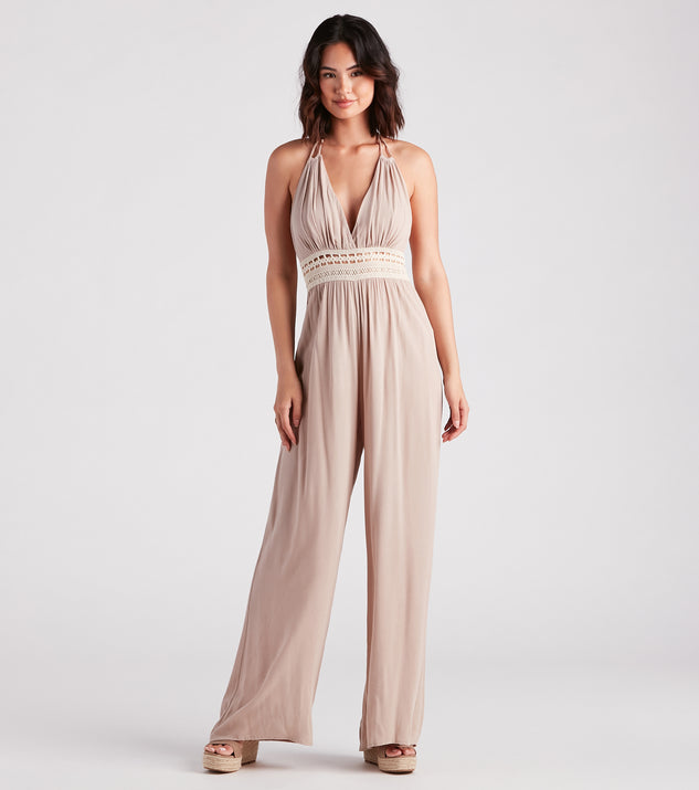 Wandering Bliss Halter Crochet Jumpsuit provides a stylish start to creating your best summer outfits of the season with on-trend details for 2023!