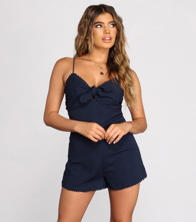 Scallop Trim Tie Front Romper is a trendy pick to create 2023 festival outfits, festival dresses, outfits for concerts or raves, and complete your best party outfits!
