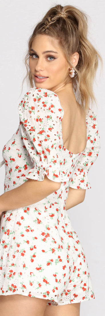 Eyelet Detail Floral Romper provides a stylish start to creating your best summer outfits of the season with on-trend details for 2023!