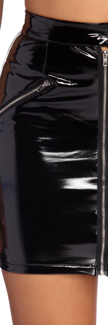 Liquid Leather Zipper Mini Skirt for 2022 festival outfits, festival dress, outfits for raves, concert outfits, and/or club outfits