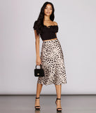 Satin Flare Leopard Midi Skirt for 2023 festival outfits, festival dress, outfits for raves, concert outfits, and/or club outfits