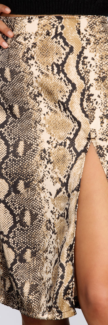 Satin Snake Print Midi Skirt for 2023 festival outfits, festival dress, outfits for raves, concert outfits, and/or club outfits