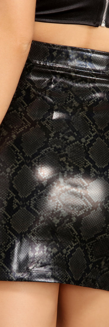 Patent Faux Leather Snake Print Mini Skirt for 2022 festival outfits, festival dress, outfits for raves, concert outfits, and/or club outfits